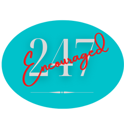 Turquoise oval circle. Silver 247 in the middle. Reddish orange Encouraged slanted over the 247.